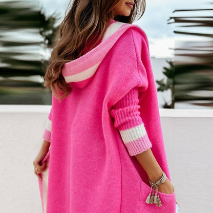 Lång Kofta Dam Med Huva Mjuk Stickad Design-2