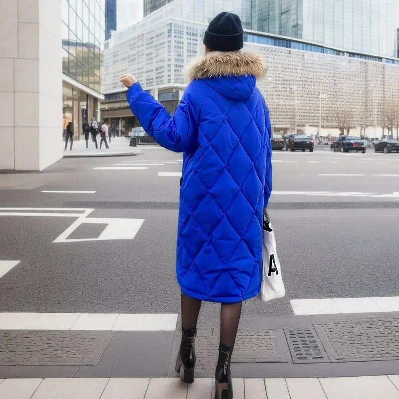 Lång Vinterjacka Dam Quiltad Med Huva i Ull och Polyester-2