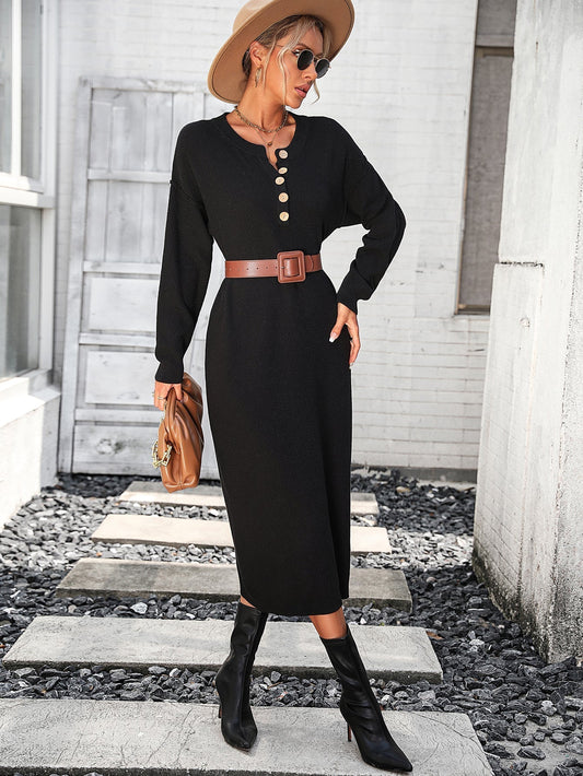 Dam Midiklänning med Träknapp Accenter i Andningsbart Tyg-1