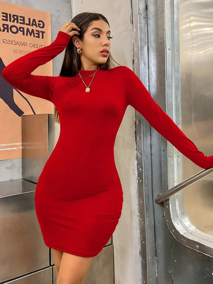 Kvinnors Bodycon Klänning Hög Rund Krage Högkvalitativ Blandning-4