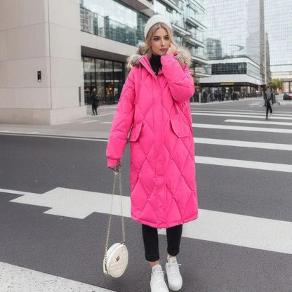 Lång Vinterjacka Dam Quiltad Med Huva i Ull och Polyester-4