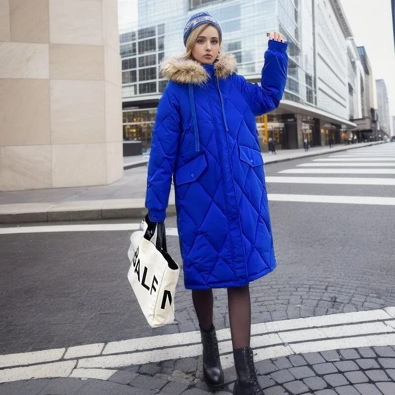 Lång Vinterjacka Dam Quiltad Med Huva i Ull och Polyester-5