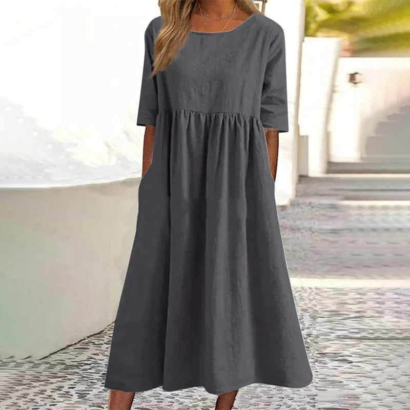 Kvinnlig Midi Klänning Hög Krage Bomull Halvlängdärmar-2