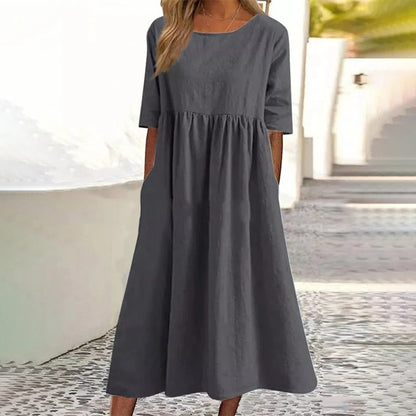 Kvinnlig Midi Klänning Hög Krage Bomull Halvlängdärmar-2