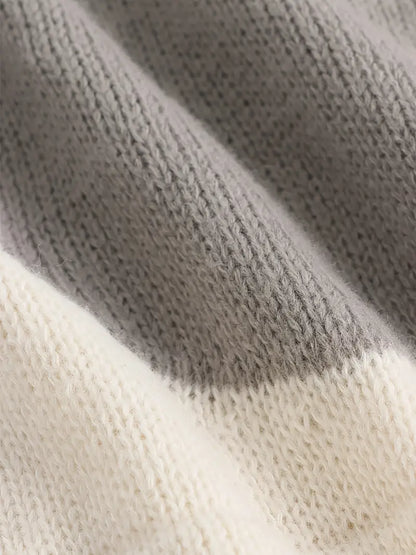 Dam Stickad Tröja Avslappnad Färgblock Vinterstil-3