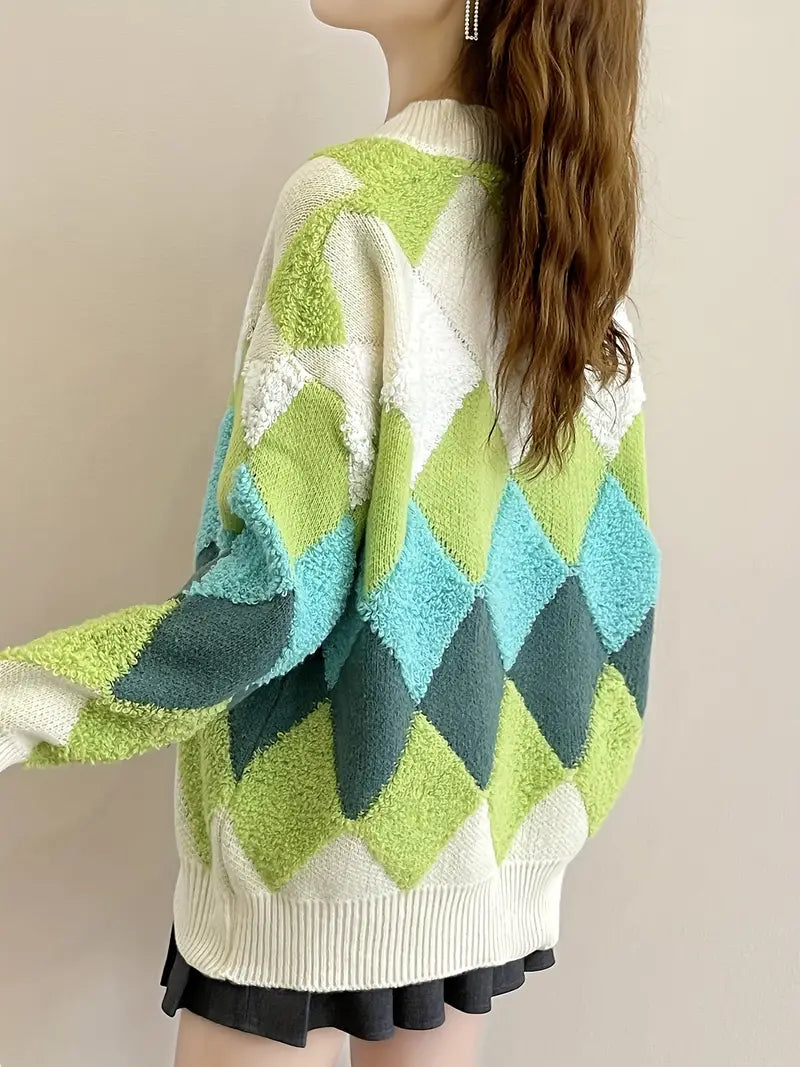 Stickad Dam Tröja V-ringning Diamantmönster Mjuk och Varm-4