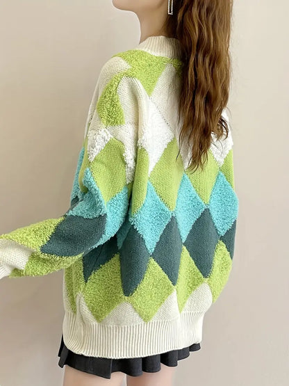 Stickad Dam Tröja V-ringning Diamantmönster Mjuk och Varm-4