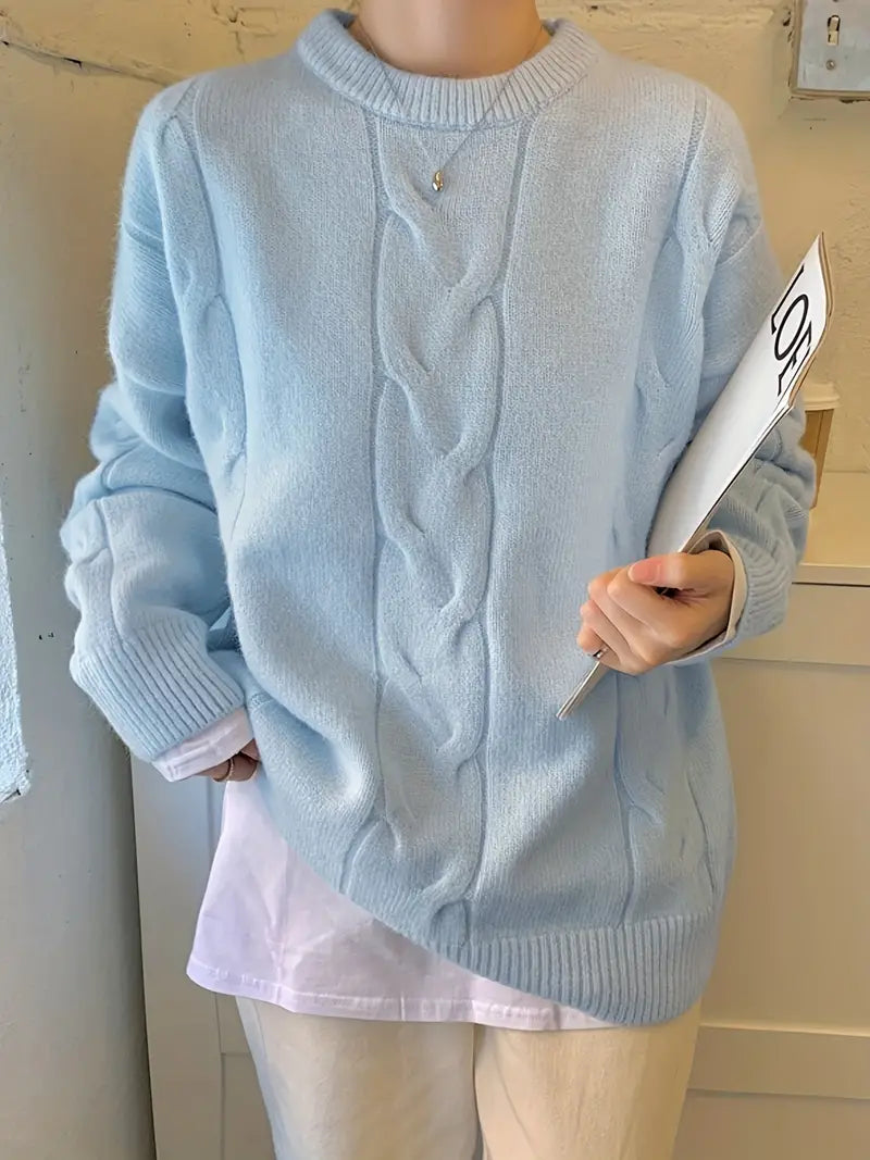 Dam Stickad Tröja Flätmönster Mjuk Enkelfärgad Vintermode-4