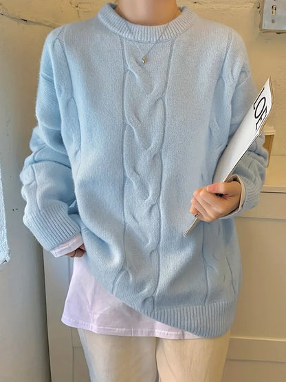 Dam Stickad Tröja Flätmönster Mjuk Enkelfärgad Vintermode-4