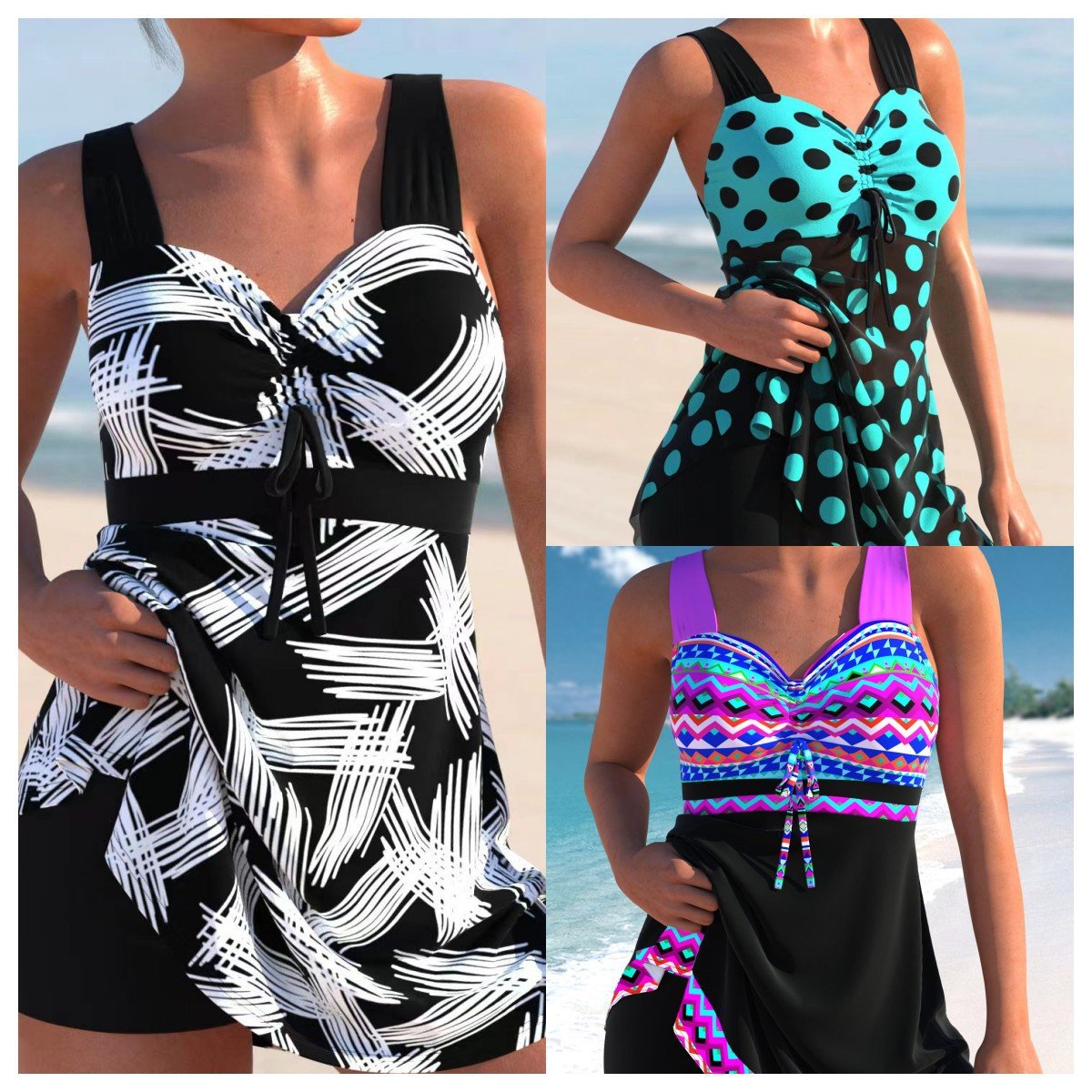 Dam Tankini Set med Bröststöd och Bikinibyxor i Nylon Spandex-4