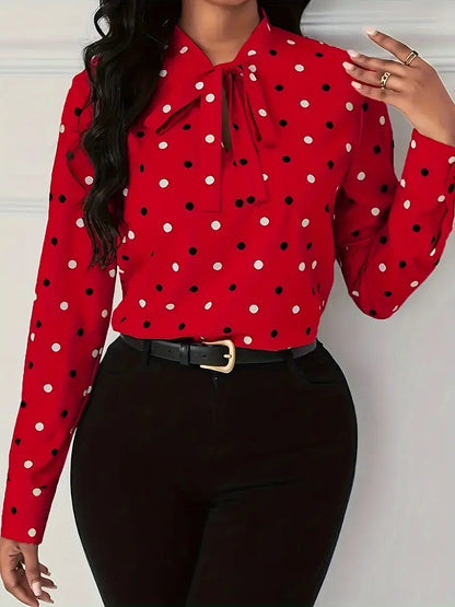 Kvinnors Polka-Dot Blus Justerbar Krage Mjuk Tyg-2