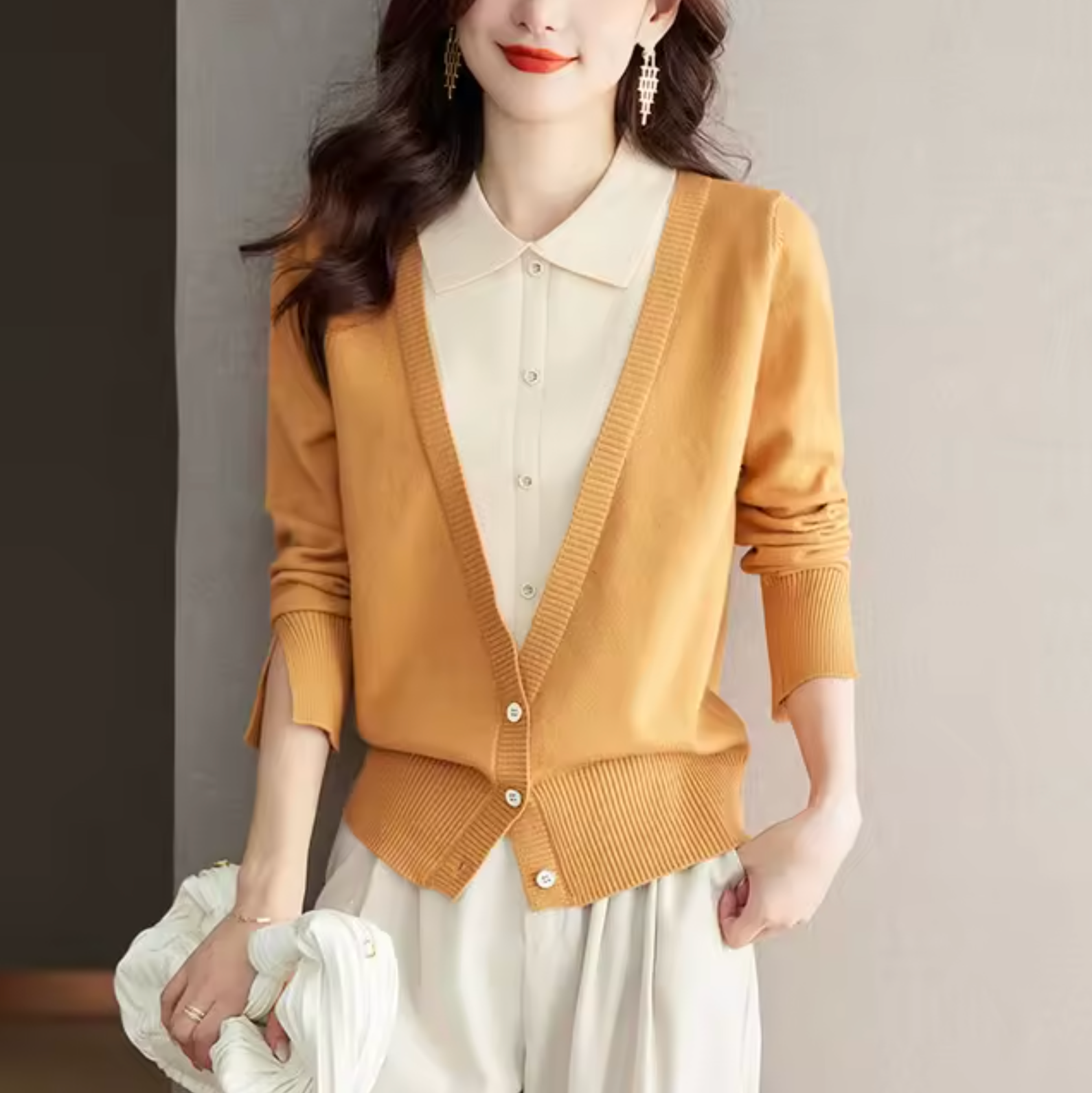 Variant image for Dam Topp med Krage Mjuk Stickad Fiber Lång Ärme-19