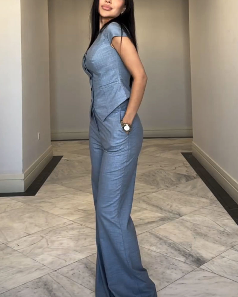 Dam Linnblus och Byxor Set Elegant Linne för Sommarkläder-3