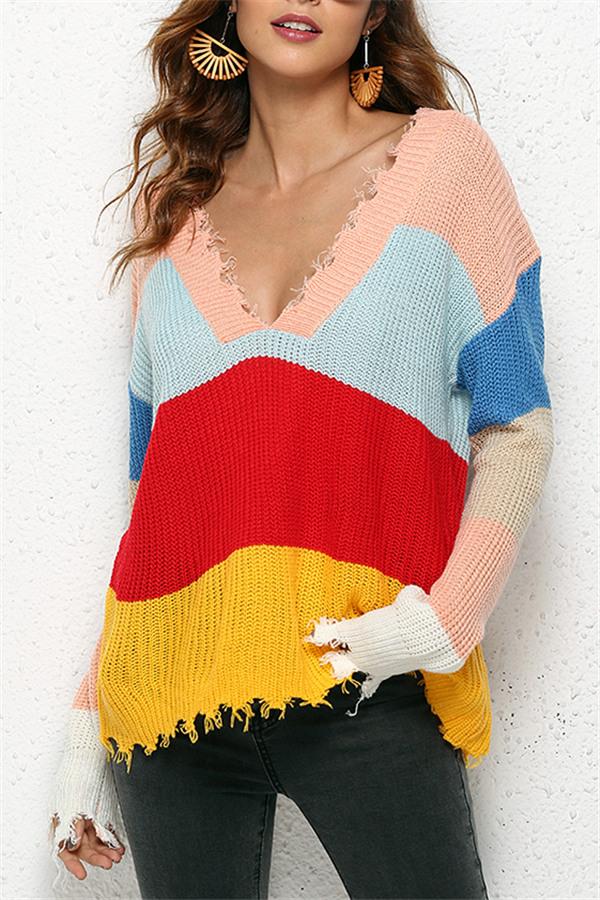 Stickad Dam Tröja V-ringad Ribbad Akryl-1