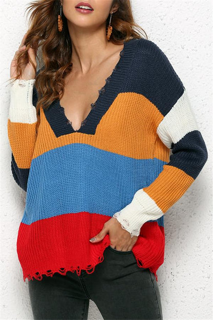 Dam Stickad Tröja V-ringad Ribbad Akryl-5