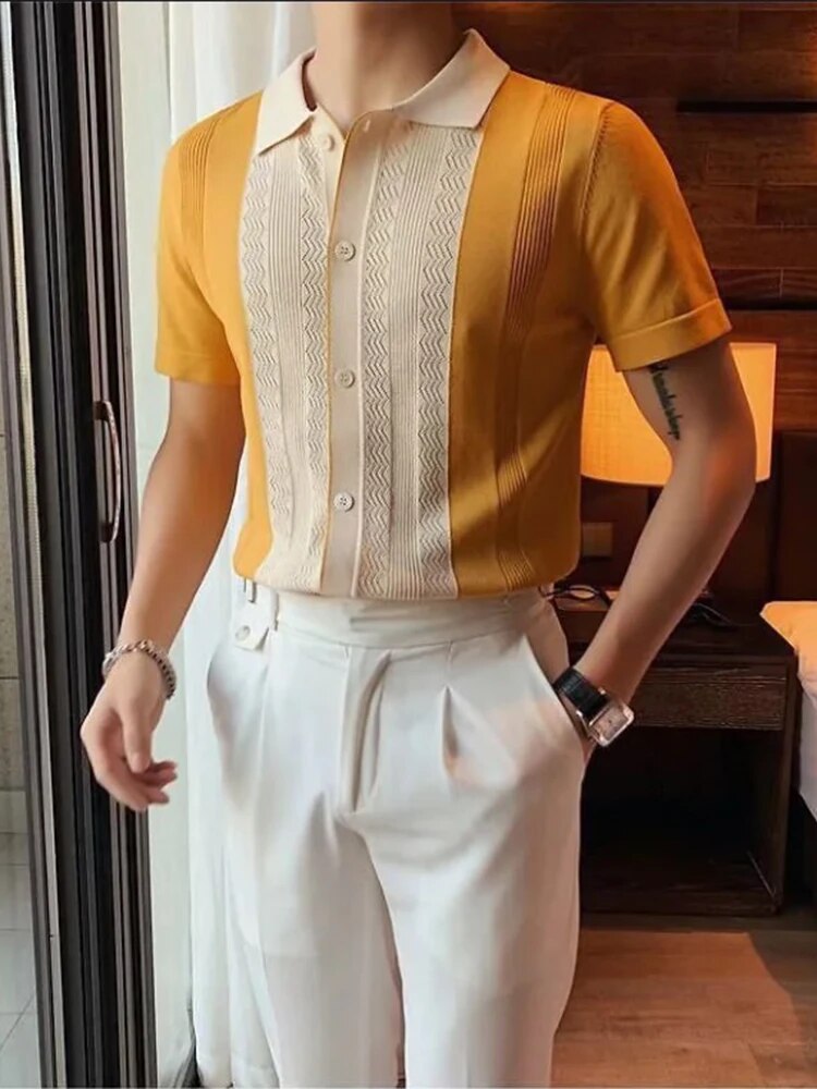 Herrar Polo Skjorta Randig Stickad 100% Bomull Modern Passform-2