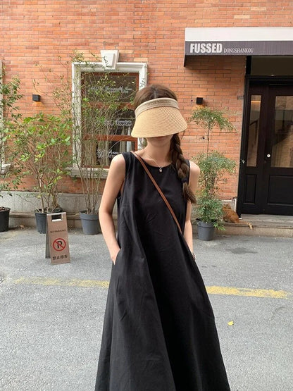 Dam Ärmlös Klänning Lång Löst Sittande Lätt Material O-Hals-4