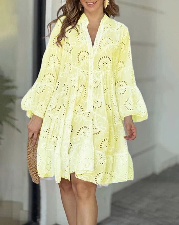 Kvinnors Klänning V-Hals Hålmönster Andningsbart Material-4