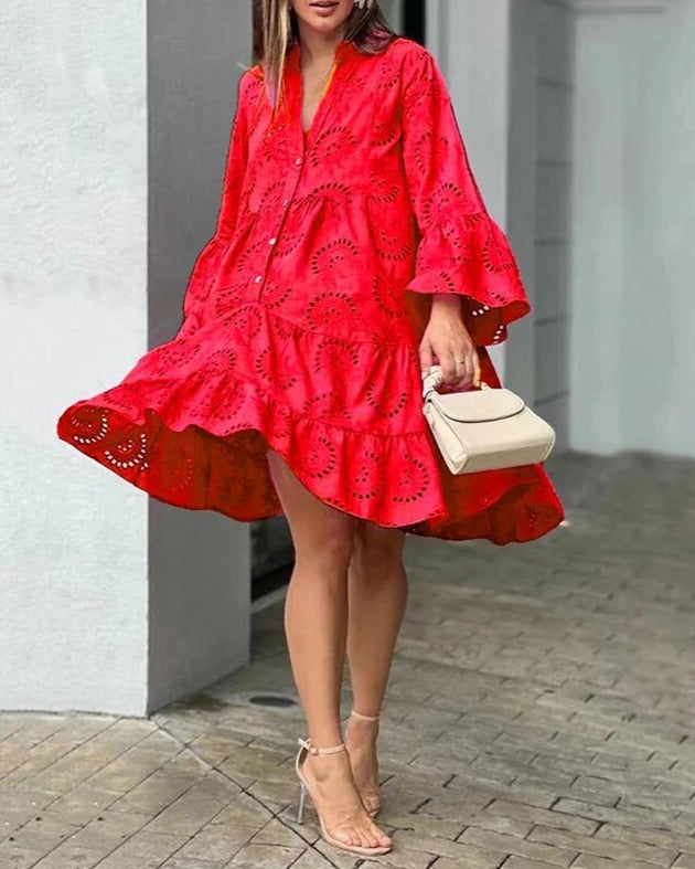 Kvinnors Klänning V-Hals Hålmönster Andningsbart Material-5