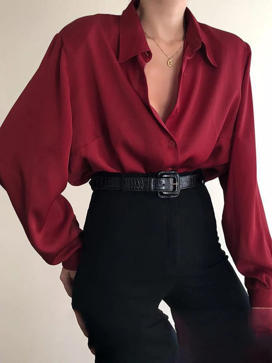 Dam Blus Långärmad Knäppdesign Polyester-1