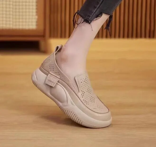 Dam Platta Skor Andningsaktiv Syntetisk Läder Tjock Sula-1