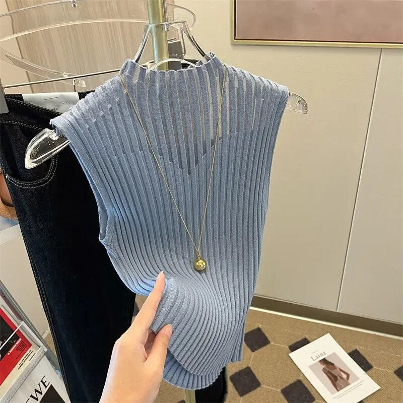 Högkragad Tank Top Dam, Ärmlös Ribbade Detaljer, Smal Passform i Bomull och Elastan – Flera Färger 6