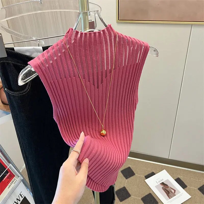 Högkragad Tank Top Dam, Ärmlös Ribbade Detaljer, Smal Passform i Bomull och Elastan – Flera Färger 12