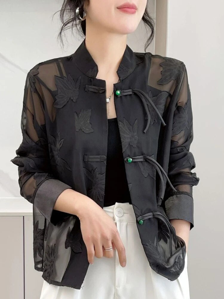 Variant image for Dam Skjorta Transparent Blommig Spets Polyester Långärmad-1