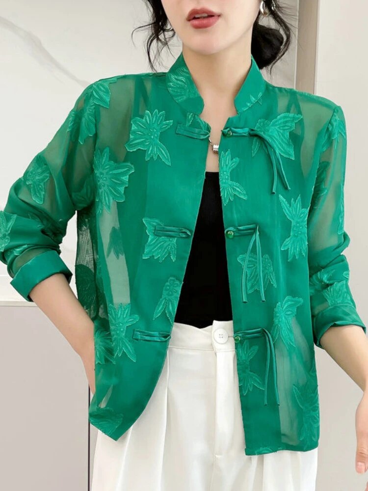 Dam Skjorta Transparent Blommig Spets Polyester Långärmad-3