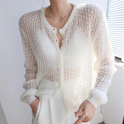 Vit Blus Dam Chic Stickad Mesh Design-1