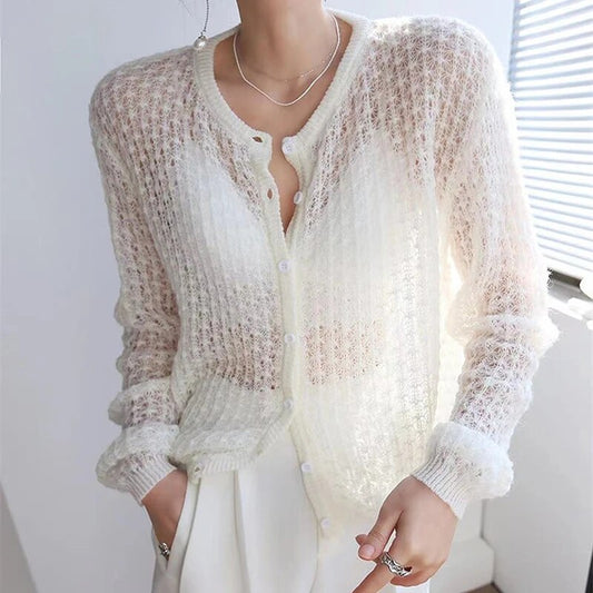 Vit Blus Dam Chic Stickad Mesh Design-1