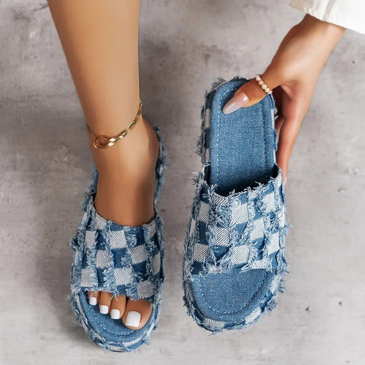 Dam Tofflor Denim Karomönster Mjuk Innersula-1