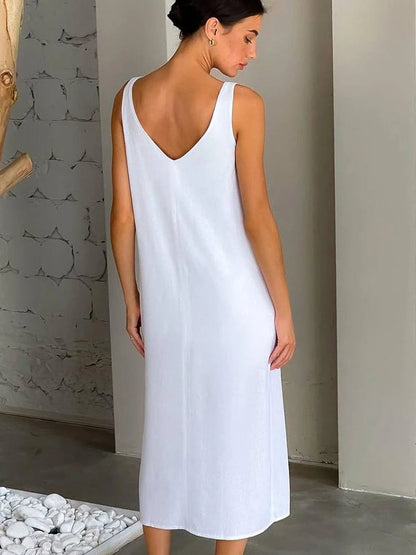 Dam Klänning Midi Lätt Linne Ärmlös Elegant Siluett-2