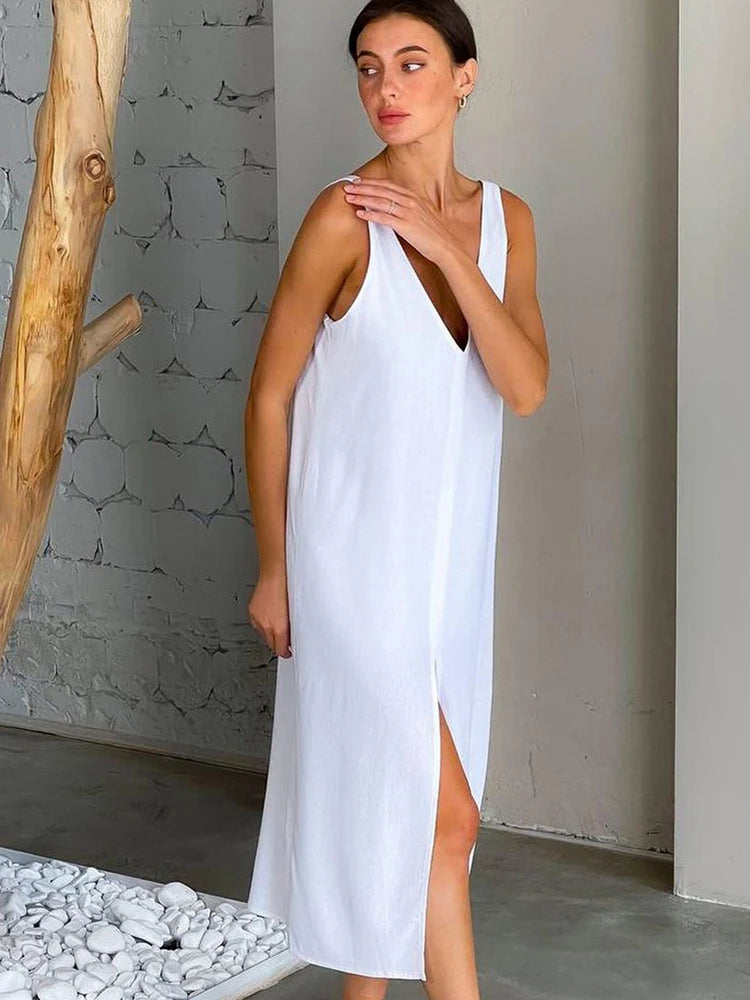 Dam Klänning Midi Lätt Linne Ärmlös Elegant Siluett-3
