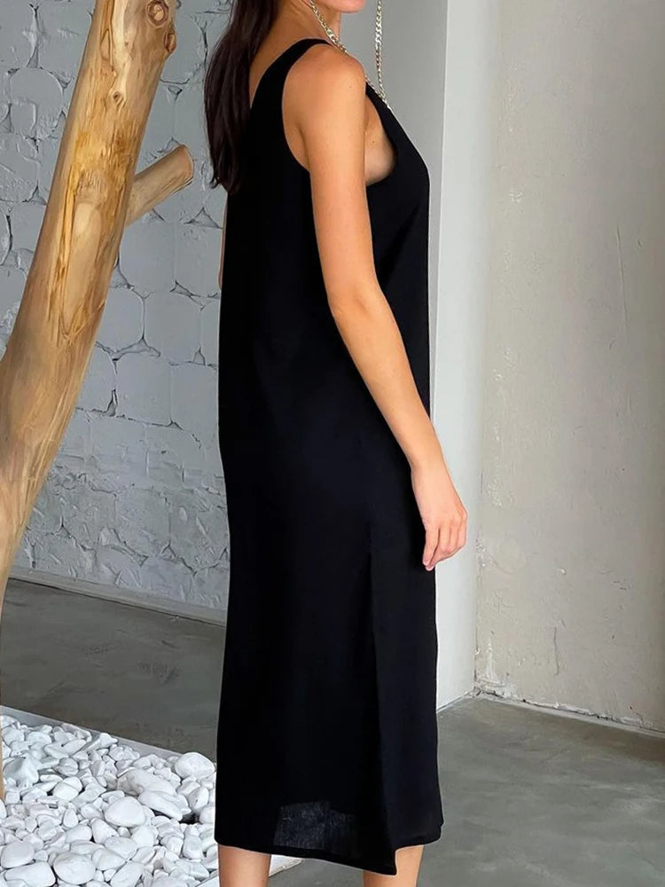 Dam Klänning Midi Lätt Linne Ärmlös Elegant Siluett-4