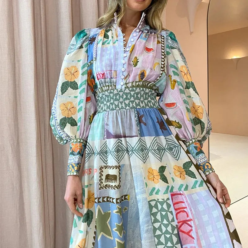 Dam Maxiklänning Bohemisk Stil 100% Linne med Långa Ärmar och Volanger-5