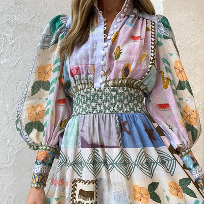 Dam Maxiklänning Bohemisk Stil 100% Linne med Långa Ärmar och Volanger-6