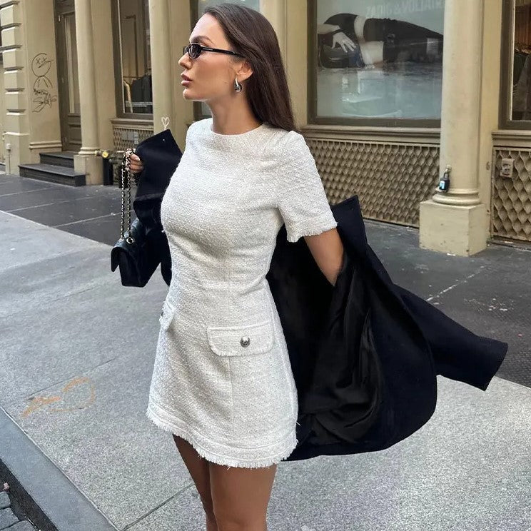 Dam Etuiklänning med Korta Ärmar och Fickor i Polyester-1