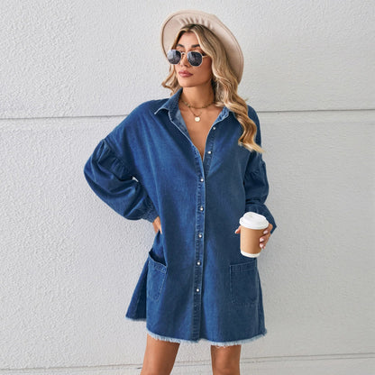 Dam Tunika Jeans Löst Passform Fläckig Nederkant Viskos Polyester-5