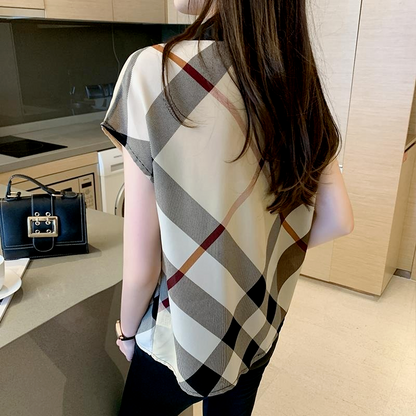 Dam Chiffonblus Korta Ärmar Carom-Mönster Luftig Stil-5