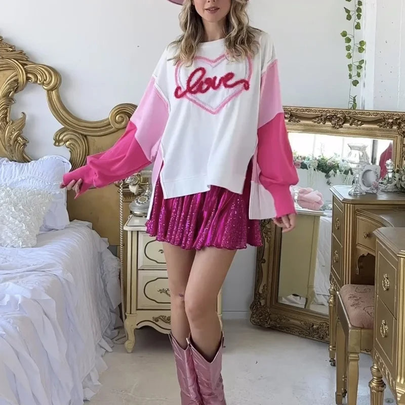 Dam Sweatshirt Färgblockdesign med Broderi i 100% Bomull-3