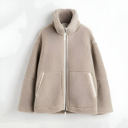 Damjacka Zip-Up Teddy Material Avslappnad Design-3