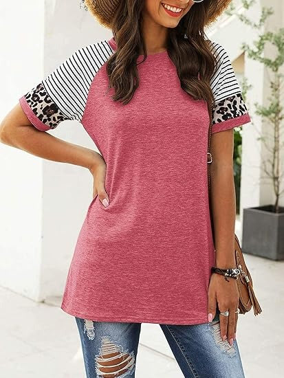 Kvinnors Kortärmad T-shirt i Färgblock – Löst Snitt i 100% Bomull för Avslappnad Stil 12