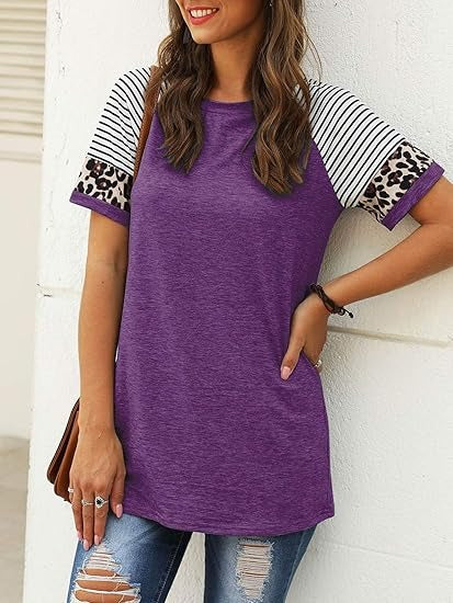 Kvinnors Kortärmad T-shirt i Färgblock – Löst Snitt i 100% Bomull för Avslappnad Stil 13