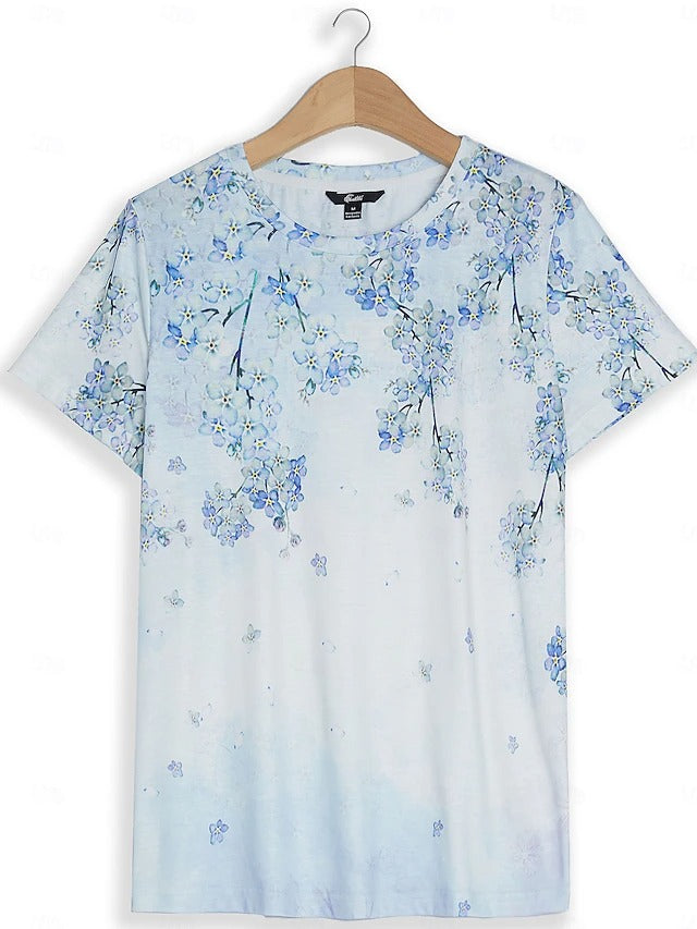 Kvinnors Kortärmad T-shirt i 100% Bomull med Blommönster – Avslappnad och Trendig Design 2