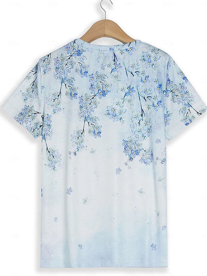 Kvinnors Kortärmad T-shirt i 100% Bomull med Blommönster – Avslappnad och Trendig Design 5