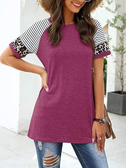 Kvinnors Kortärmad T-shirt i Färgblock – Löst Snitt i 100% Bomull för Avslappnad Stil 14