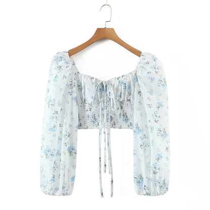 Dam Festtopp Blommönster Elastisk Hög Midja Puffärm Bomull-1