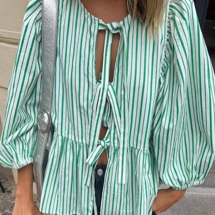 Dam Blus med Puffhylsor Randig Design Lätt Tyg-2