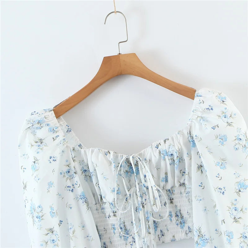 Dam Festtopp Blommönster Elastisk Hög Midja Puffärm Bomull-3